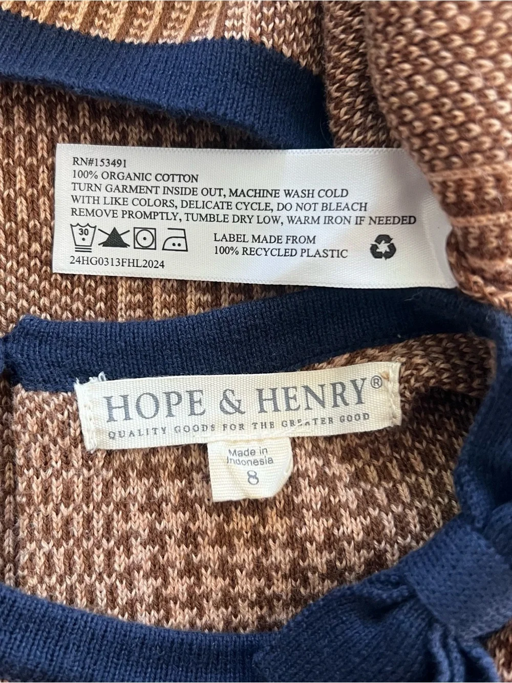 Hope & Henry Organic Cotton Bow Sweater Dress Girls 8 Brown Navy Plaid GOTS